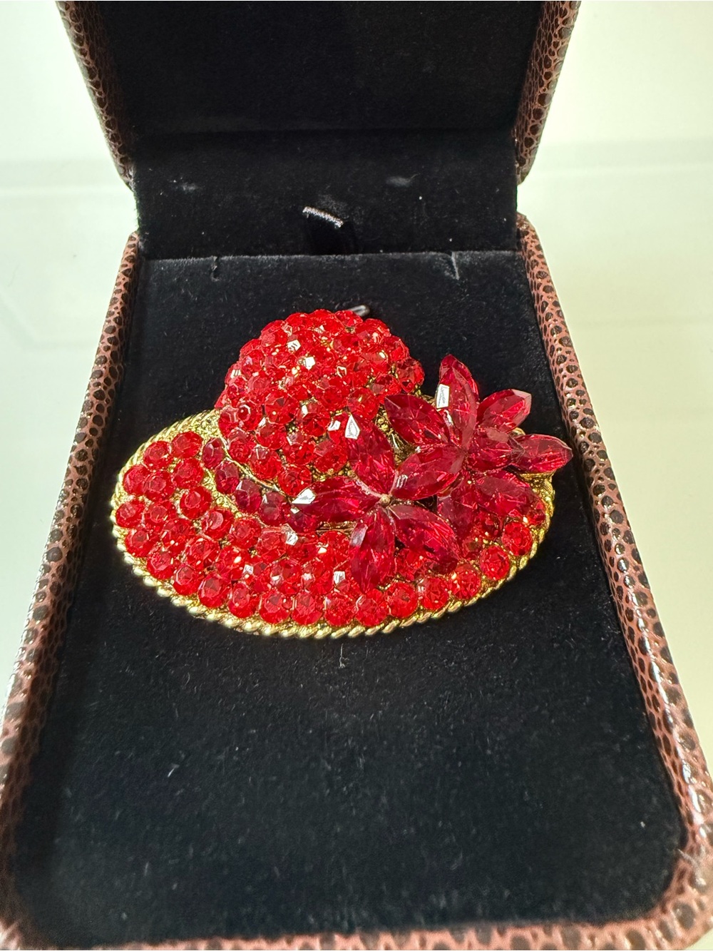 Red Rhinestone Wide Brim Hat Brooch Crystal Pin Red Hat Society